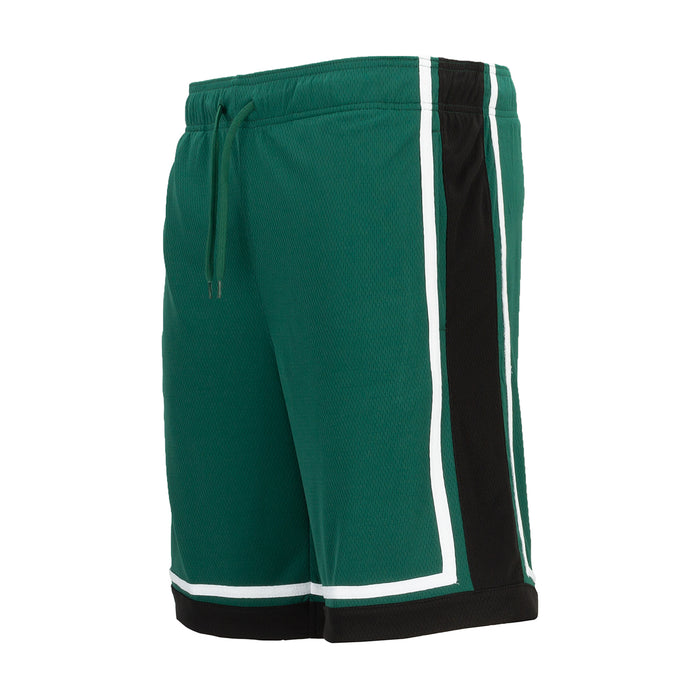 Men's green basketball shorts back view with white side stripe and black hem