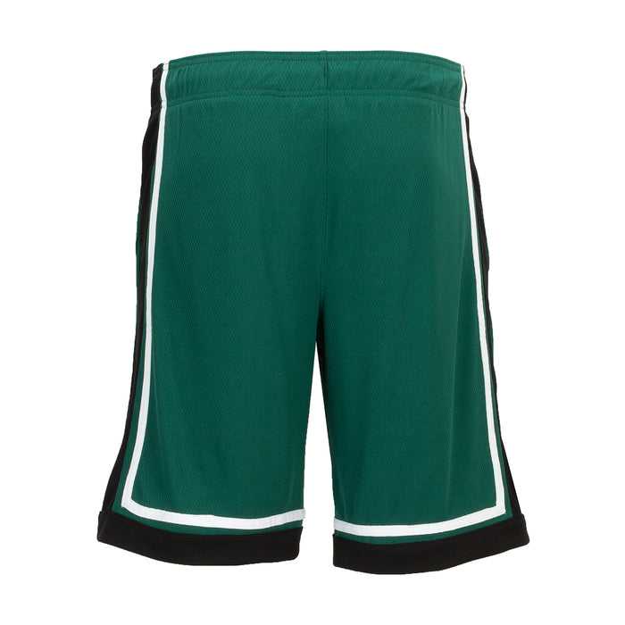Men's green basketball shorts front view with white side trim and black bottom hem