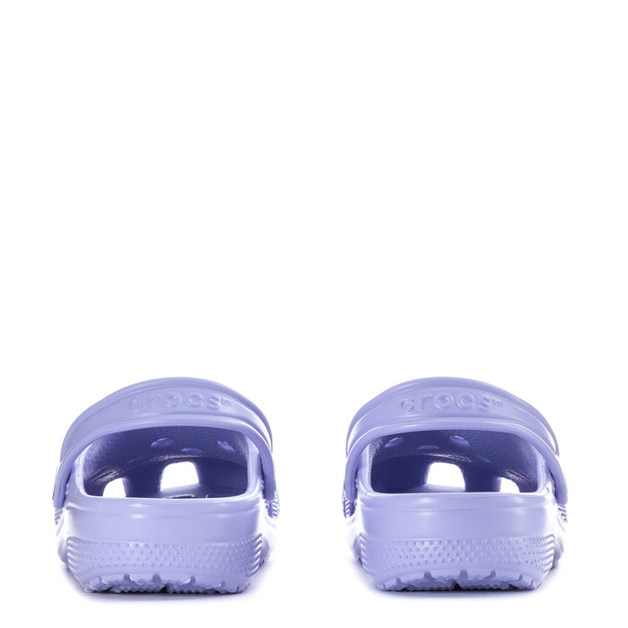 Kids light purple clogs, back view with heel openings