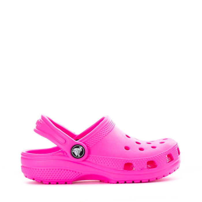 Bright pink toddler clog with side vent holes and slingback heel strap.