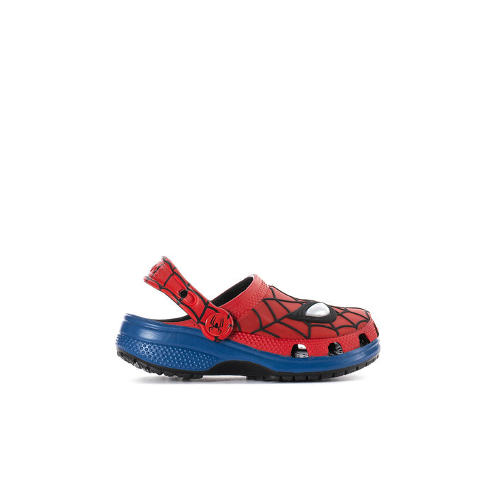 Toddler red spider-web clog with blue outsole and black heel strap