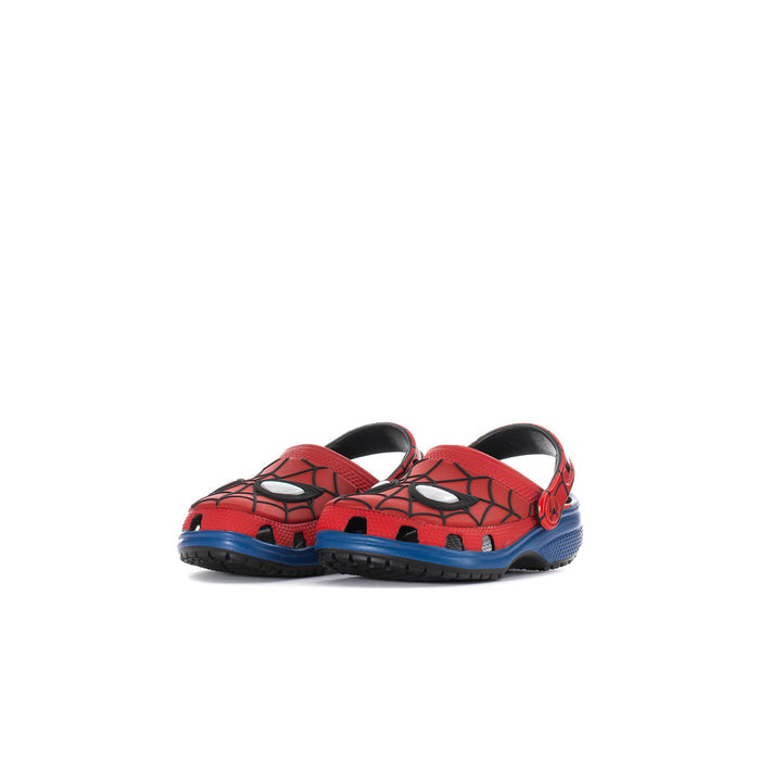 Toddler red spider-web clog with blue trim, wide strap, and black lining