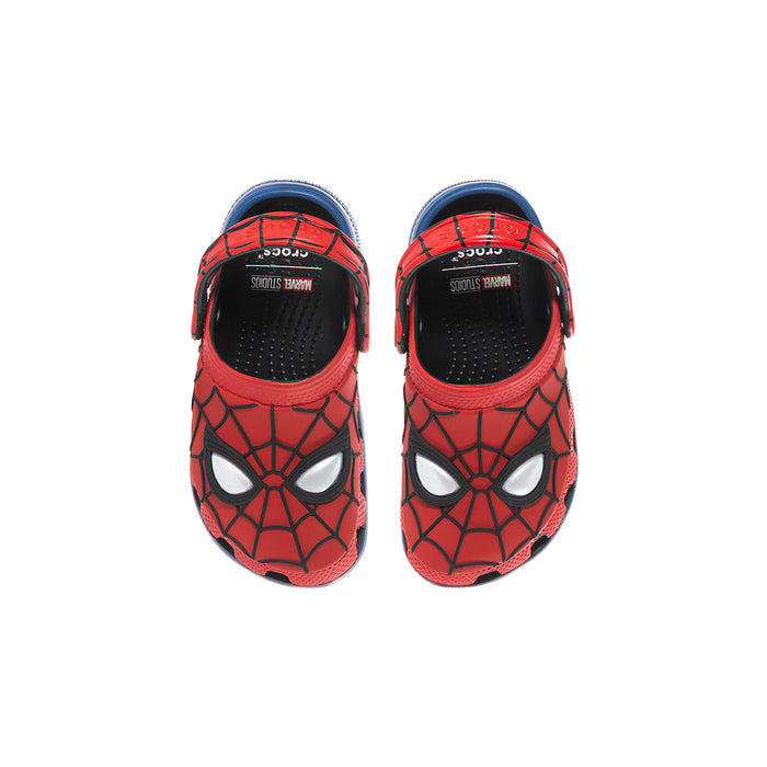 Toddler red spider-web clogs front view with black interior and blue collar