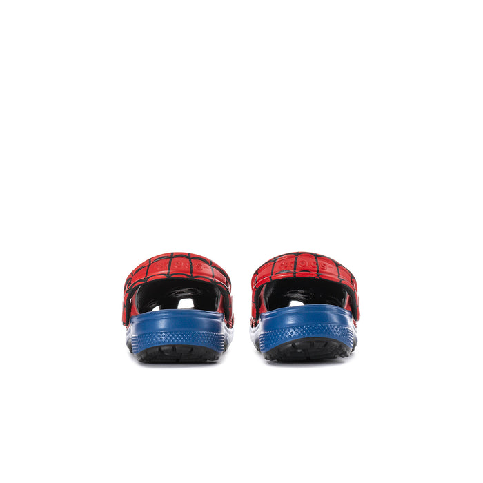 Toddler red spider-web clogs back view with blue heel and black tread