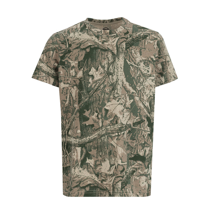 Youth crew neck T-shirt, bark camo, short sleeves, round neckline