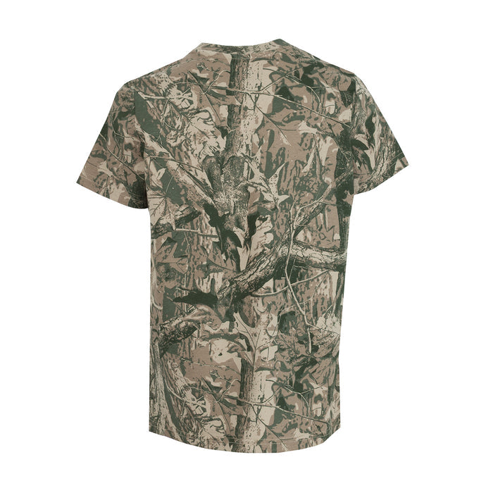 Youth crew neck T-shirt, bark camo, short sleeves, back view