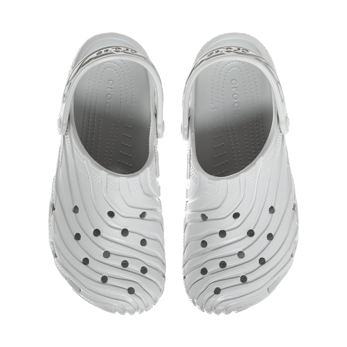 Men's white clogs pair, open ventilation holes on uppers, heel strap loops