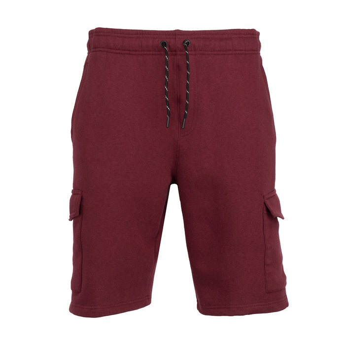 Men's dark cherry fleece cargo shorts with drawstring and two side cargo pockets