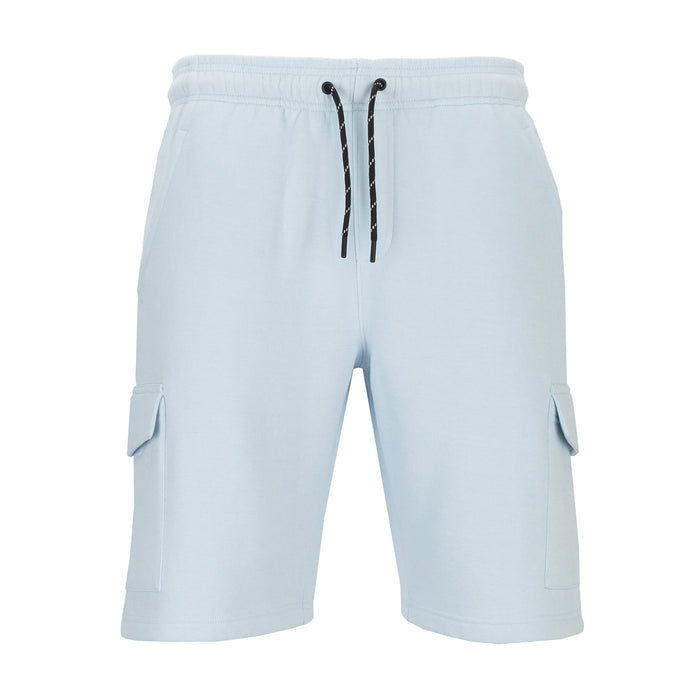Men's light blue fleece cargo shorts with drawstring waist and cargo pockets