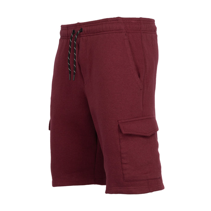Dark cherry fleece cargo shorts side view with drawstring and cargo pocket