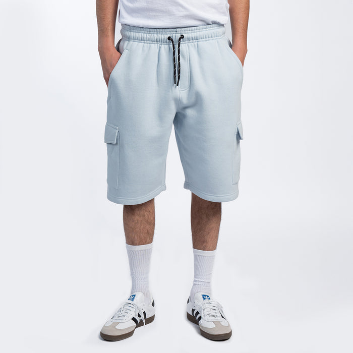 Men's light blue fleece cargo shorts with drawstring waist and side cargo pockets