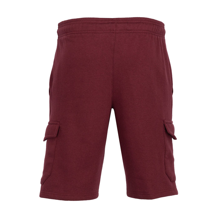 Dark cherry fleece cargo shorts with side cargo pockets, rear view