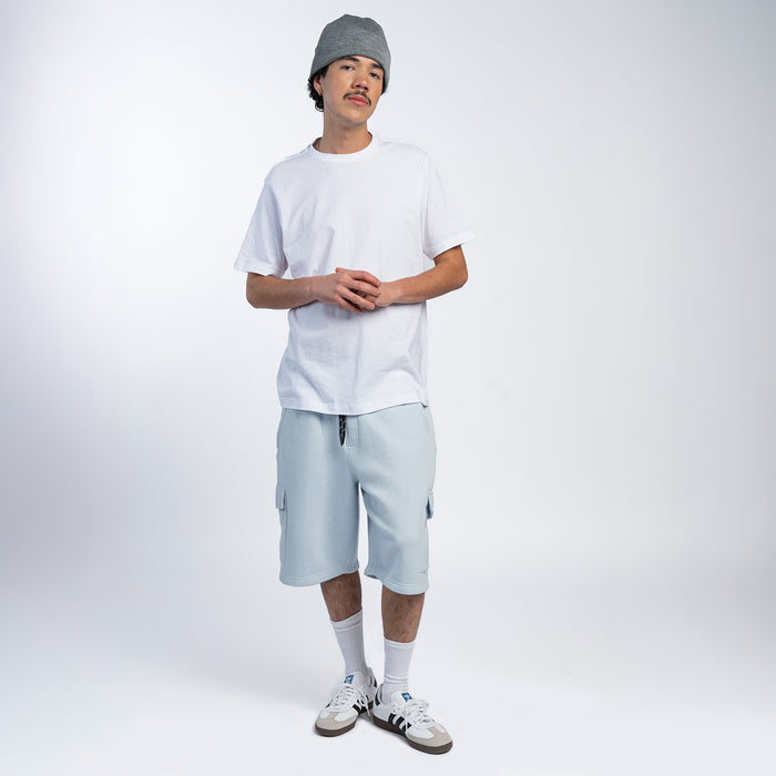 Men's light blue fleece cargo shorts with drawstring waist and mid-thigh length