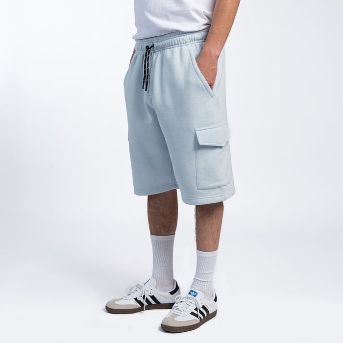 Men's light blue fleece cargo shorts with flap cargo pocket on the side