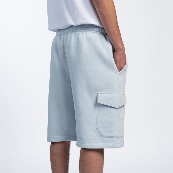Men's light blue fleece cargo shorts with back cargo pocket and cuffed hem