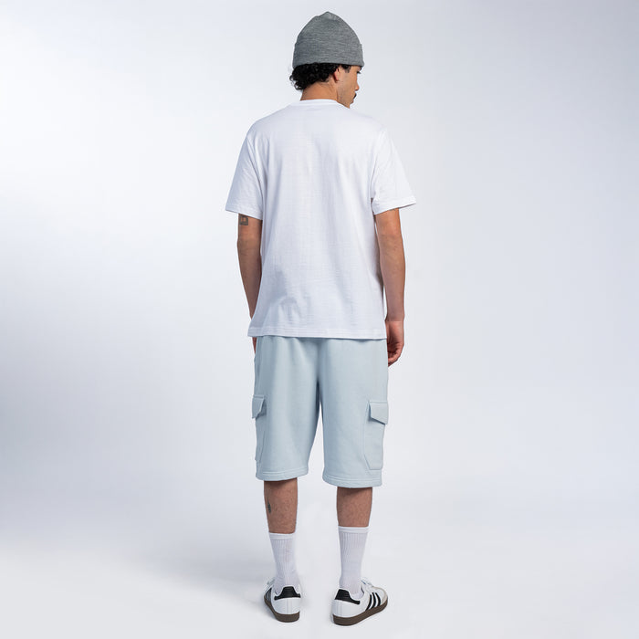 Men's light blue fleece cargo shorts from the back with cargo pocket detailing