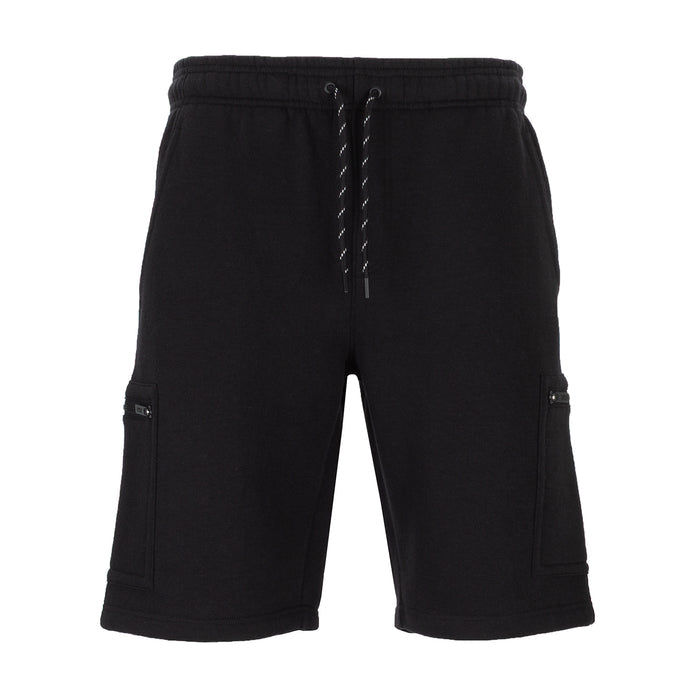 Men's black fleece cargo shorts with drawstring waist and side cargo pockets
