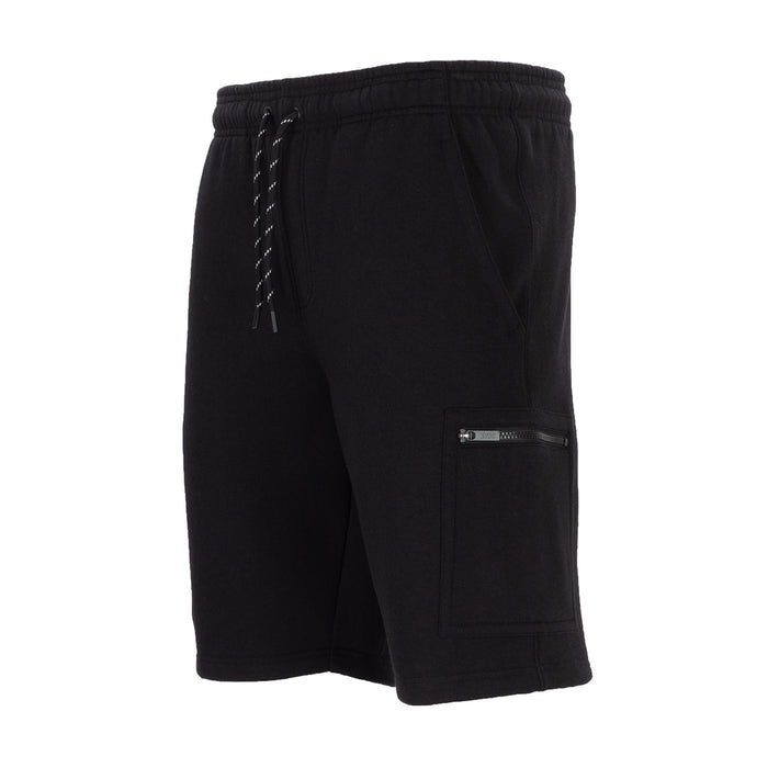 Men's black fleece cargo shorts, side profile with cargo pocket and drawstring