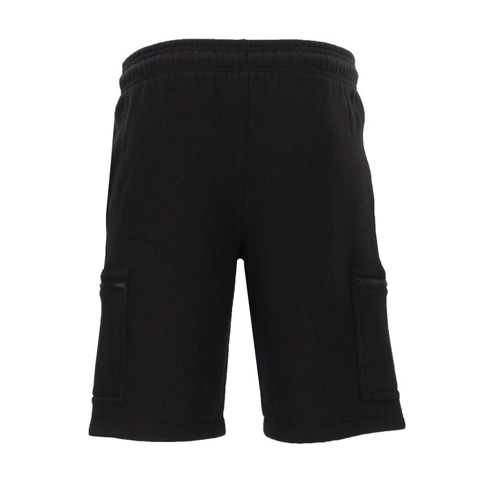 Men's black fleece cargo shorts with back cargo pocket detail