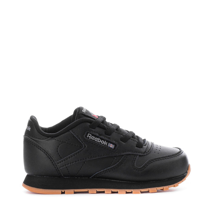 Black toddler leather sneaker with Reebok logo, lace-up, gum rubber sole