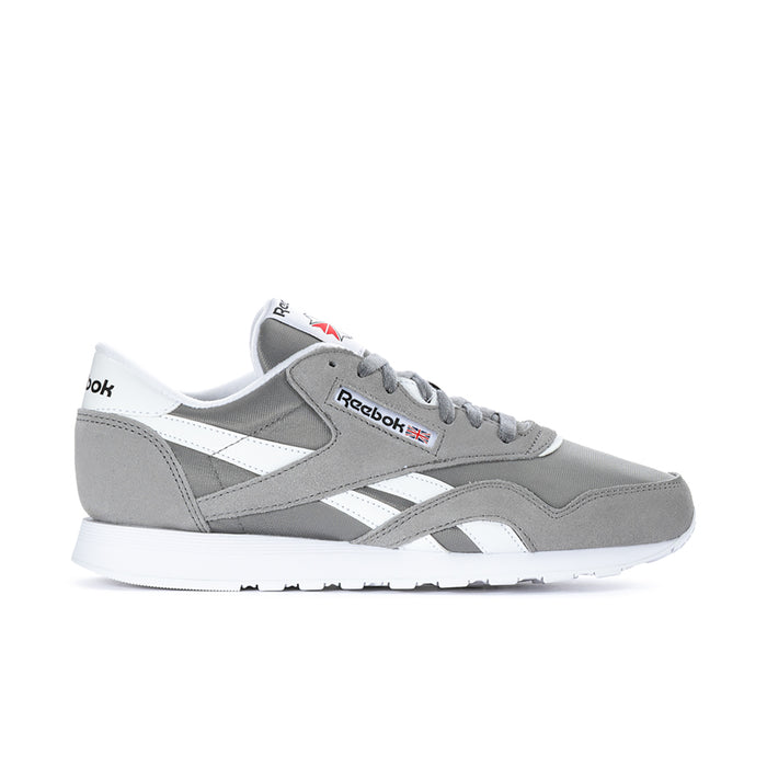 Men's Reebok low-top sneakers, dark gray suede with white stripes and laces