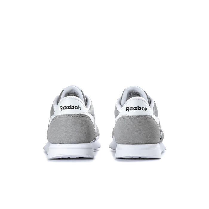 Men's Reebok Classic sneakers, dark gray with white heel tab and back view