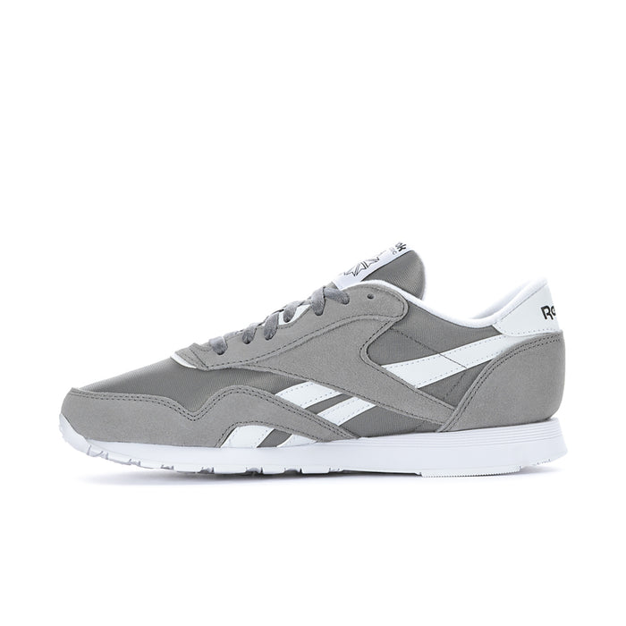 Men's Reebok low-top sneakers, dark gray panels with white stripes and lace-up front