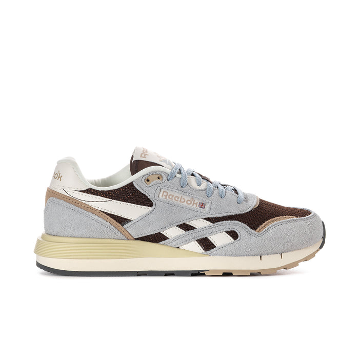 Women's Reebok classic nylon sneakers in light gray, brown, and cream with blue laces