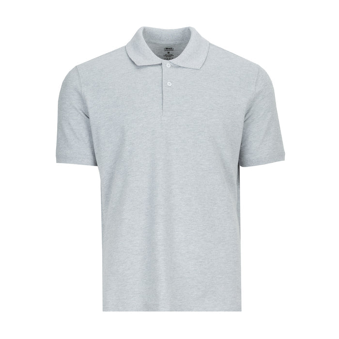 Men's heather grey pique polo shirt with short sleeves and button placket