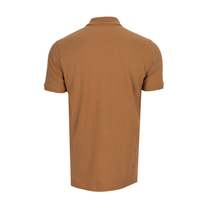 Mens pique polo in chipmunk brown, back view, short sleeves