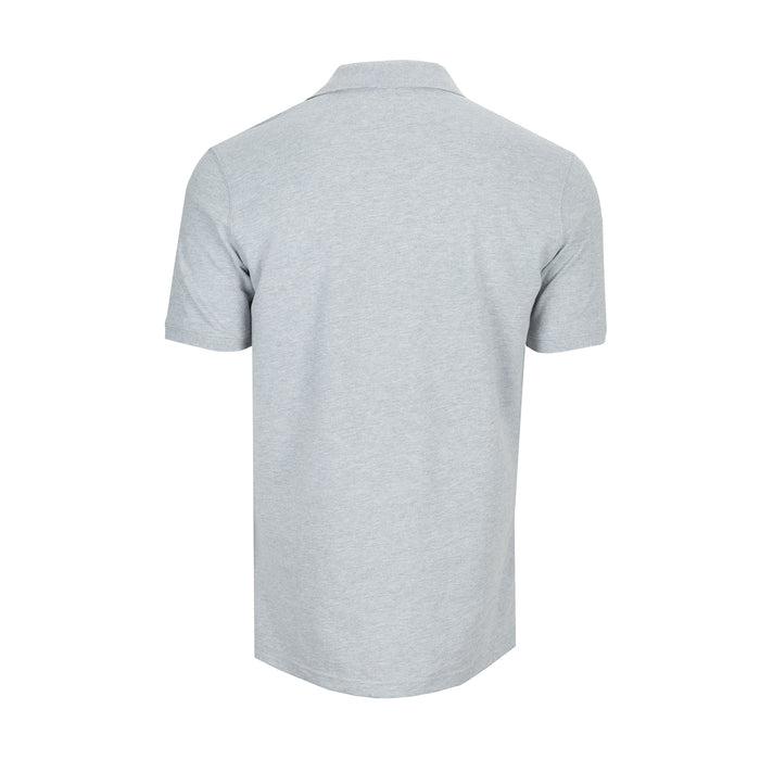 Men's heather grey pique polo shirt, back view with short sleeves