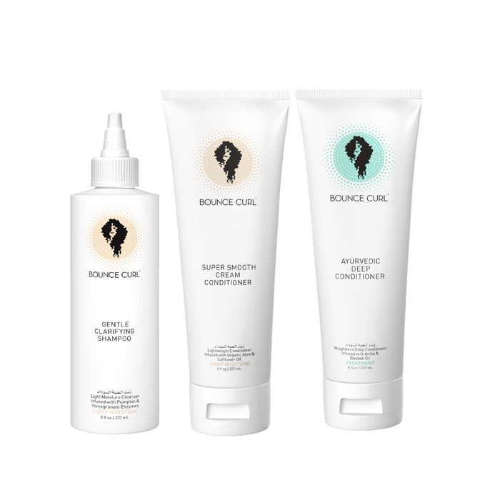 Bounce Curl Cleanse and Hydrate Kit with the Gentle Clarifying Shampoo, Super Smooth Cream Conditioner, and Ayurvedic Deep Conditioner bottle