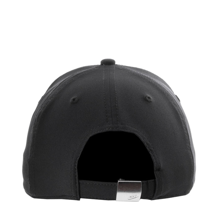 Black Nike cap with adjustable metal buckle strap at the back opening