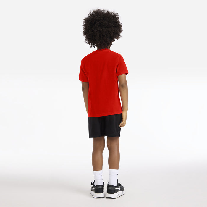 Kids red Nike T-shirt and black shorts set, back view