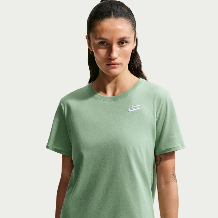 Women’s mint green crewneck T-shirt with small Nike swoosh at upper chest