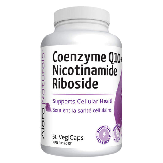 Bottle of Alora Naturals Coenzyme Q10 + Nicotinamide Riboside 60 VegiCaps