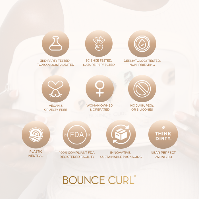 Bounce Curl brand standards graphic with ten gold icons
