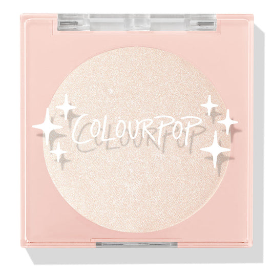 Cold One highlighter compact showcasing a shimmering icy pearl pan behind a clear lid with white sparkle icons and ColourPop logo, closed in a blush‑pink square case on a white background; ColourPop Pressed Powder Highlighter.
