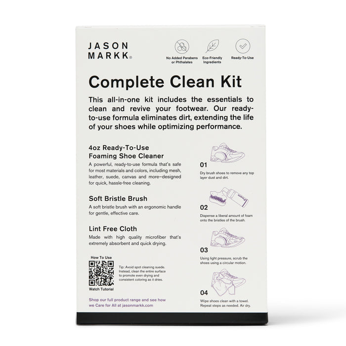 Shoe cleaning kit back panel listing foam cleaner, soft bristle brush, and lint-free cloth