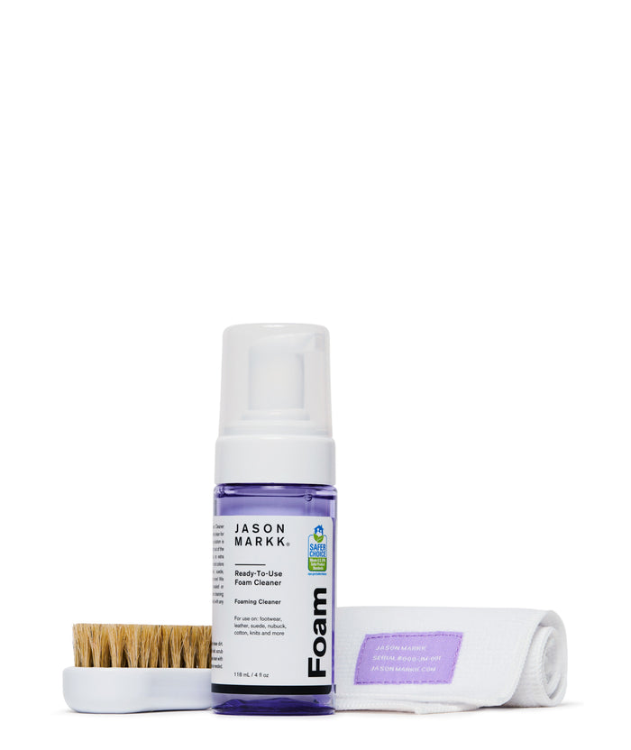 Shoe cleaning kit set with foam cleaner, round soap bar, soft brush, and cloth roll