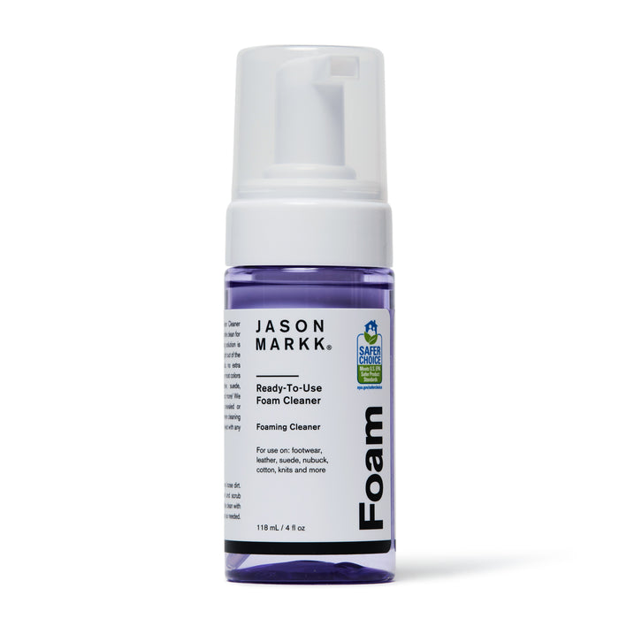Ready-to-Use foam cleaner bottle with white pump and purple base, JASON MARKK