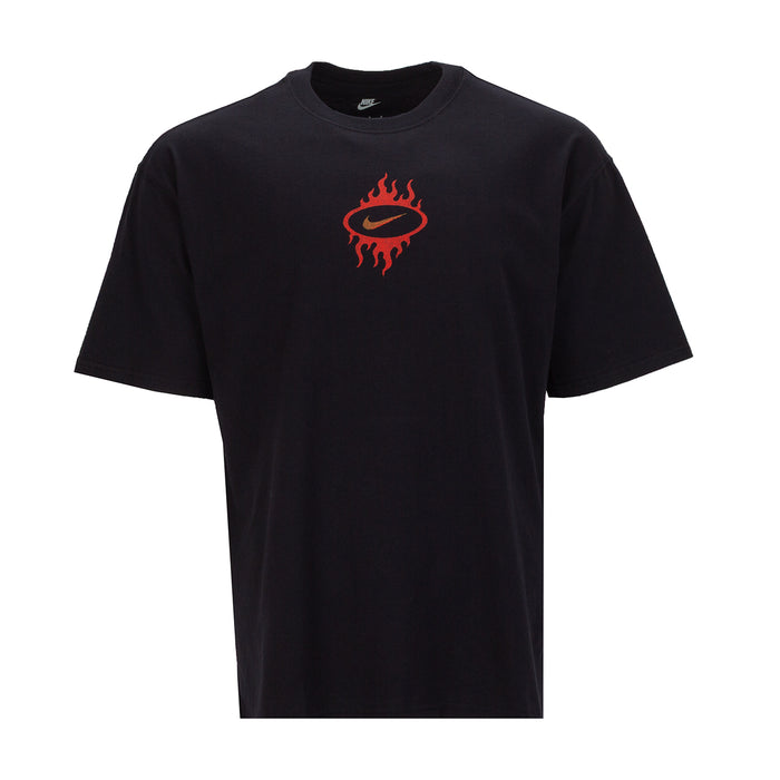 Men's Nike black crewneck T-shirt with Nike swoosh and red flame chest graphic