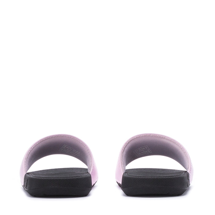 Kids pink slide sandals, heel view; black platform sole