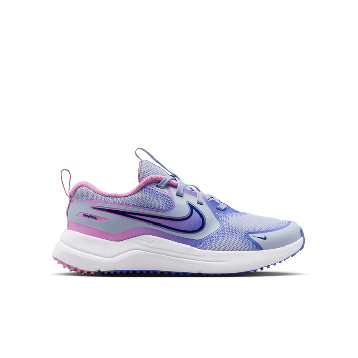 Youth running shoe in light blue, purple, and pink with lace-up closure and swoosh.