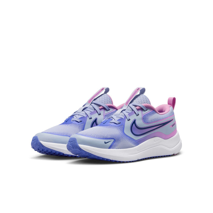 Youth running shoe, side view, light blue and purple with pink accents and lace-up.