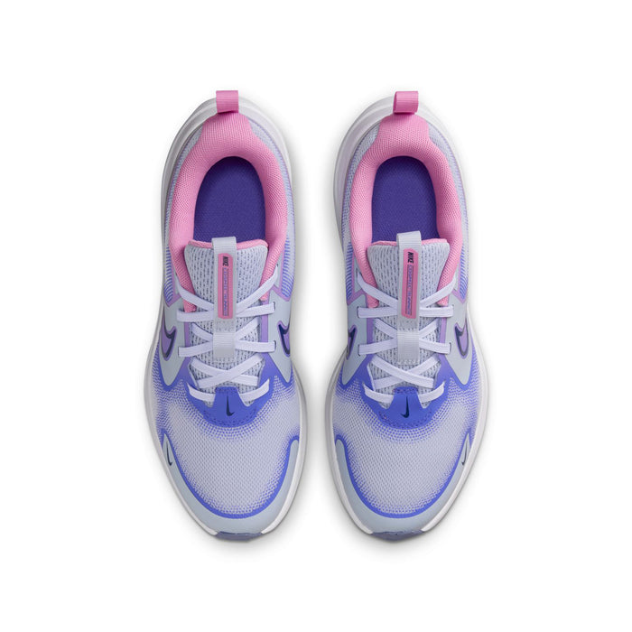 Youth running shoe pair, top view, light blue knit with pink collar and white laces.