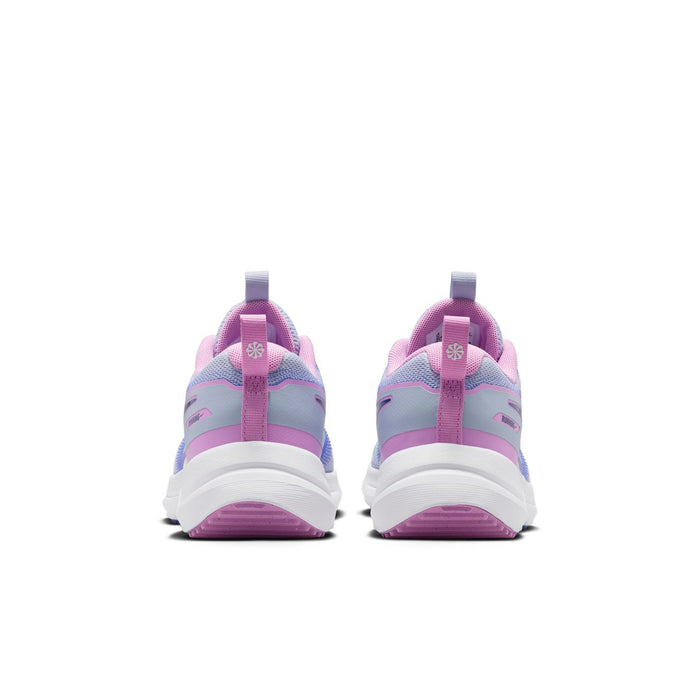 Youth running shoe pair, heel view, purple and pink accents with white midsole.