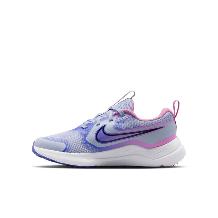 Youth running shoe, angled front, light blue knit with magenta trim and lace-up.