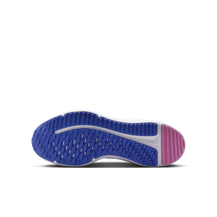 Youth running shoe outsole, blue rubber with pink heel panel and tread pattern.