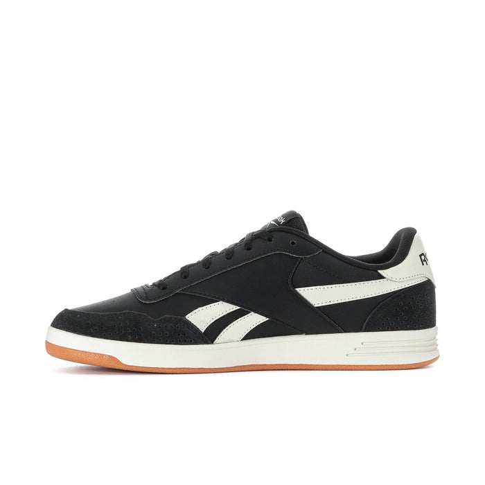 Men's Reebok Court Advance low-top sneakers side view, black suede with white stripe